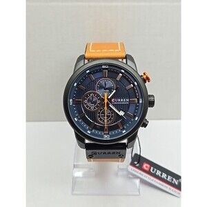 Curren M8291 Chronograph Black Blue Dial Brown Leather Quartz Watch New Battery
